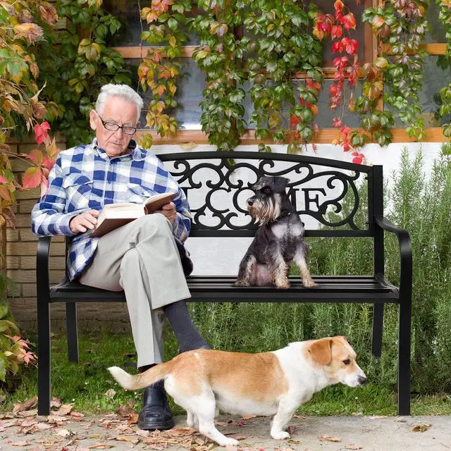 Alt view image 2 of 6 - Outdoor Bench for Patio Metal Garden Bench w/PVC Back Pattern, Black Park Benches Front Porch Benches for Yard Lawn Decor Deck Entryway (Black-Welcome)