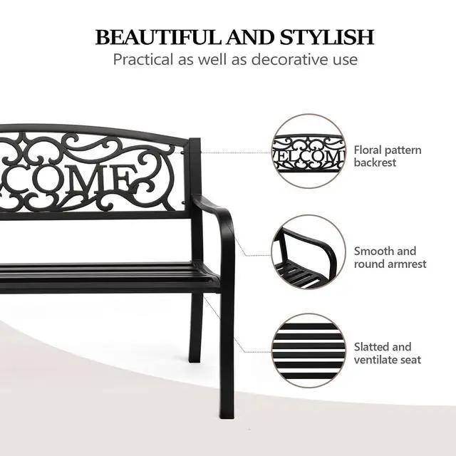 Alt view image 4 of 6 - Outdoor Bench for Patio Metal Garden Bench w/PVC Back Pattern, Black Park Benches Front Porch Benches for Yard Lawn Decor Deck Entryway (Black-Welcome)