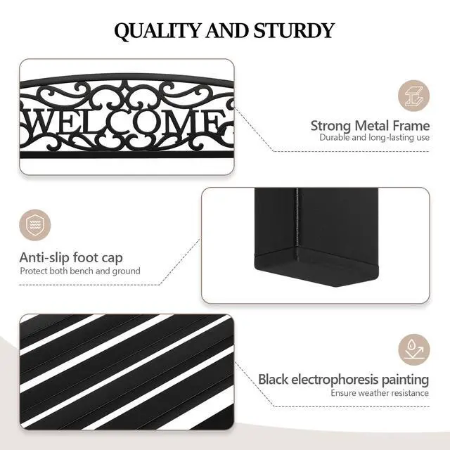 Alt view image 5 of 6 - Outdoor Bench for Patio Metal Garden Bench w/PVC Back Pattern, Black Park Benches Front Porch Benches for Yard Lawn Decor Deck Entryway (Black-Welcome)