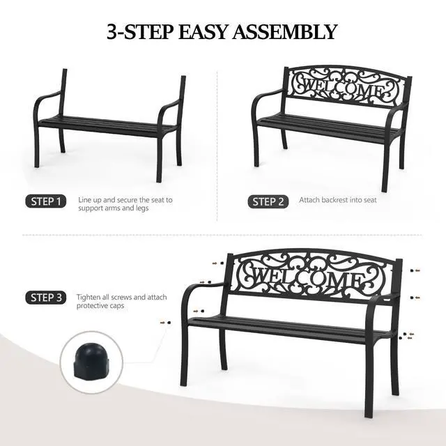 Alt view image 6 of 6 - Outdoor Bench for Patio Metal Garden Bench w/PVC Back Pattern, Black Park Benches Front Porch Benches for Yard Lawn Decor Deck Entryway (Black-Welcome)