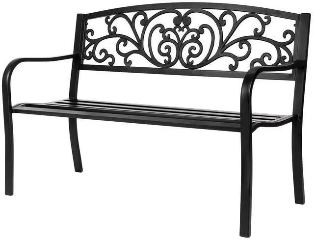Main image of Outdoor Bench for Patio Metal Garden Bench w/PVC Back Pattern, Black Park Benches Front Porch Benches for Yard Lawn Decor Deck Entryway (Black-Floral)
