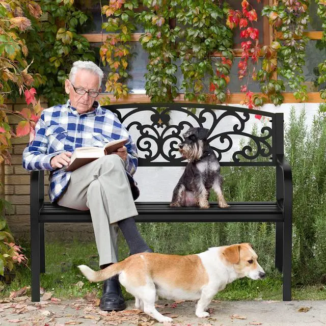 Alt view image 2 of 6 - Outdoor Bench for Patio Metal Garden Bench w/PVC Back Pattern, Black Park Benches Front Porch Benches for Yard Lawn Decor Deck Entryway (Black-Floral)