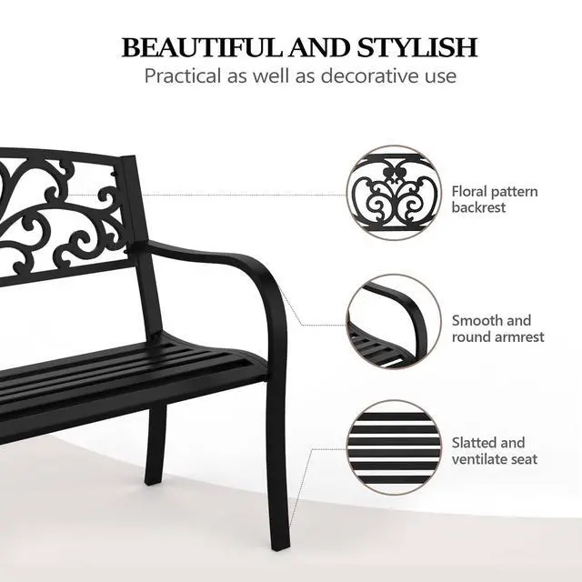 Alt view image 4 of 6 - Outdoor Bench for Patio Metal Garden Bench w/PVC Back Pattern, Black Park Benches Front Porch Benches for Yard Lawn Decor Deck Entryway (Black-Floral)