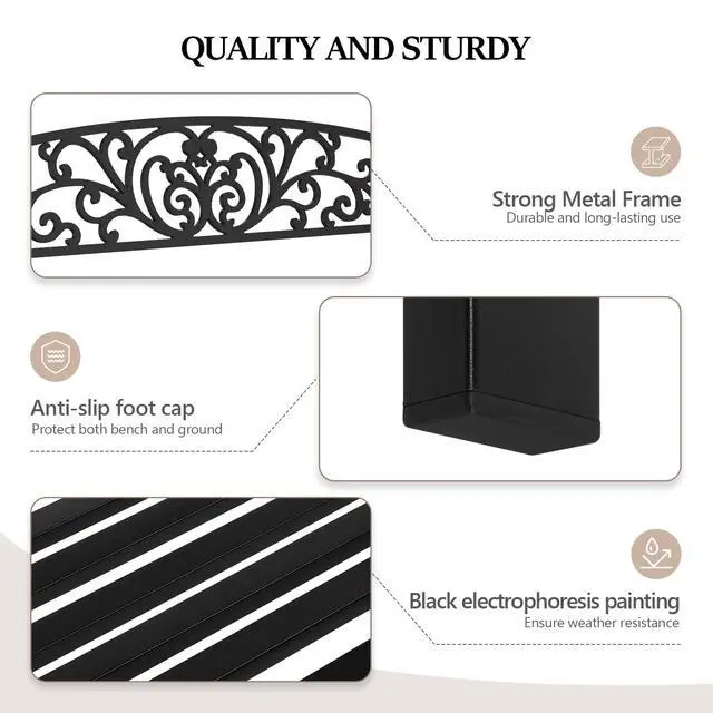 Alt view image 5 of 6 - Outdoor Bench for Patio Metal Garden Bench w/PVC Back Pattern, Black Park Benches Front Porch Benches for Yard Lawn Decor Deck Entryway (Black-Floral)