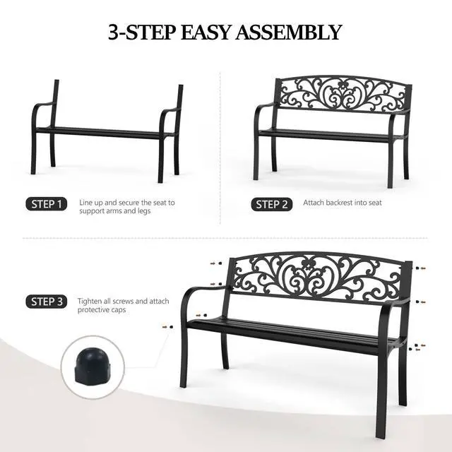 Alt view image 6 of 6 - Outdoor Bench for Patio Metal Garden Bench w/PVC Back Pattern, Black Park Benches Front Porch Benches for Yard Lawn Decor Deck Entryway (Black-Floral)