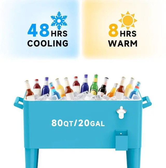 Alt view image 2 of 6 - Rolling Ice Chest Cooler Cart, Portable Bar Drink Cooler, 80 Quart Cooling Bins, Beverage for Patio Pool Party, Large Ice Chest with Shelf, Bottle Opener