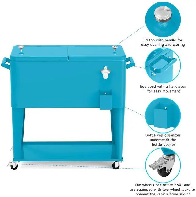 Alt view image 3 of 6 - Rolling Ice Chest Cooler Cart, Portable Bar Drink Cooler, 80 Quart Cooling Bins, Beverage for Patio Pool Party, Large Ice Chest with Shelf, Bottle Opener
