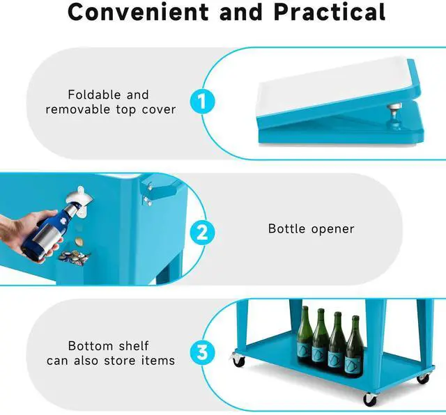 Alt view image 5 of 6 - Rolling Ice Chest Cooler Cart, Portable Bar Drink Cooler, 80 Quart Cooling Bins, Beverage for Patio Pool Party, Large Ice Chest with Shelf, Bottle Opener