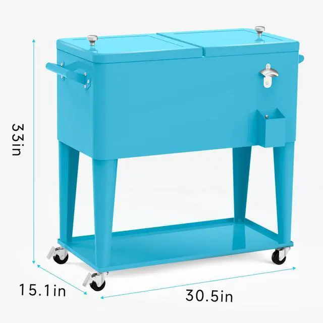 Alt view image 6 of 6 - Rolling Ice Chest Cooler Cart, Portable Bar Drink Cooler, 80 Quart Cooling Bins, Beverage for Patio Pool Party, Large Ice Chest with Shelf, Bottle Opener