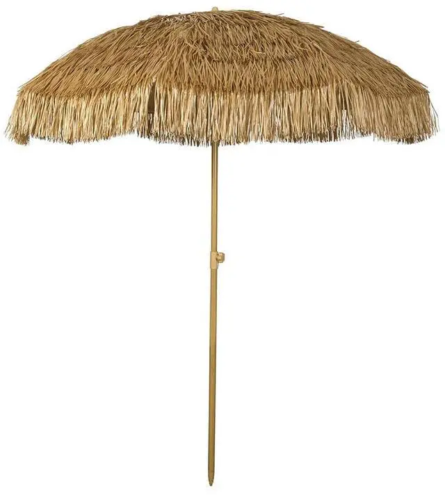 Main image of Hula Thatched Tiki Umbrella Tropical Palapa Raffia Tiki Hut Hawaiian Patio Umbrella with Fringe Boho Parasol 6' 8' & 9' Options