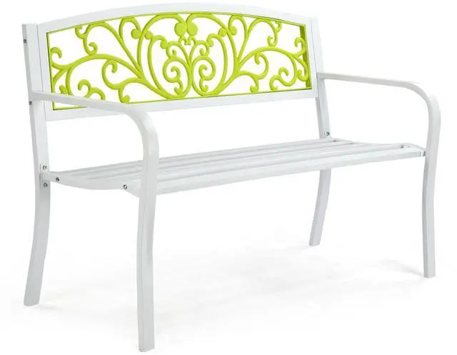 Main image of Outdoor Bench for Patio Metal Garden Bench w/PVC Back Pattern, Black Park Benches Front Porch Benches for Yard Lawn Decor Deck Entryway (White&Green)