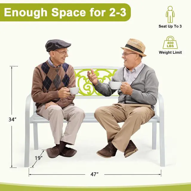 Alt view image 3 of 6 - Outdoor Bench for Patio Metal Garden Bench w/PVC Back Pattern, Black Park Benches Front Porch Benches for Yard Lawn Decor Deck Entryway (White&Green)