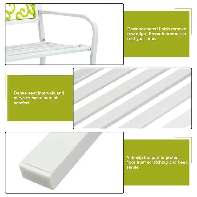 Alt view image 4 of 6 - Outdoor Bench for Patio Metal Garden Bench w/PVC Back Pattern, Black Park Benches Front Porch Benches for Yard Lawn Decor Deck Entryway (White&Green)