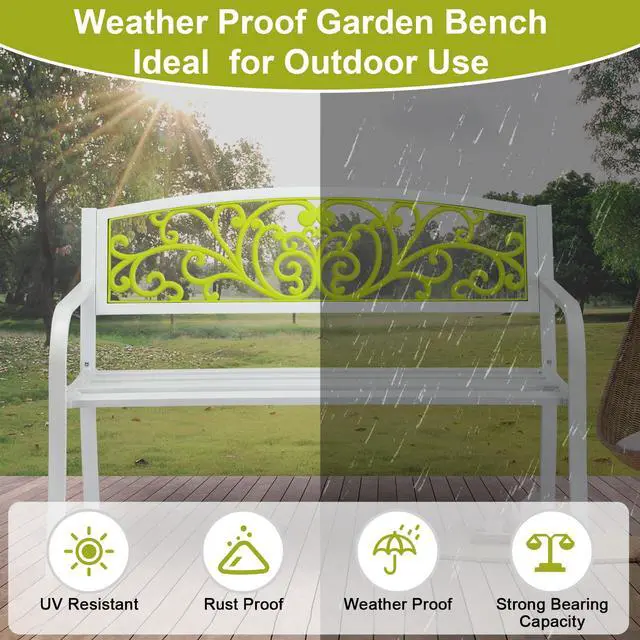 Alt view image 5 of 6 - Outdoor Bench for Patio Metal Garden Bench w/PVC Back Pattern, Black Park Benches Front Porch Benches for Yard Lawn Decor Deck Entryway (White&Green)