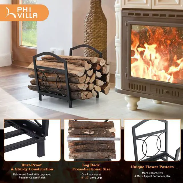 Alt view image 2 of 6 - 17 Inch Small Firewood Log Rack Indoor/Outdoor Steel Wood Storage Log Rack Bin Wood Holder Fireplace Accessories Circle Design, Black