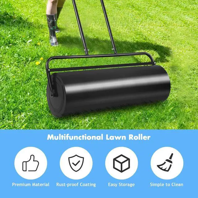 Alt view image 2 of 6 - Lawn Roller, Push/Pull/Tow Behind Water/Sand Filled Steel Sod Drum Roller with U-Shaped Handle, Yard Roller for Garden Backyard Grass, 17 Gallon/63 L, 36"x12", Black