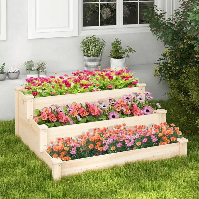 Alt view image 2 of 6 - 3-Tier Raised Garden Bed, Tiered Planter Box w/Open-Ended Base, Fir Wood Elevated Raised Beds for Gardening, Vegetable Flower Herb Fruit, Perfect for Patio, Lawn, Backyard
