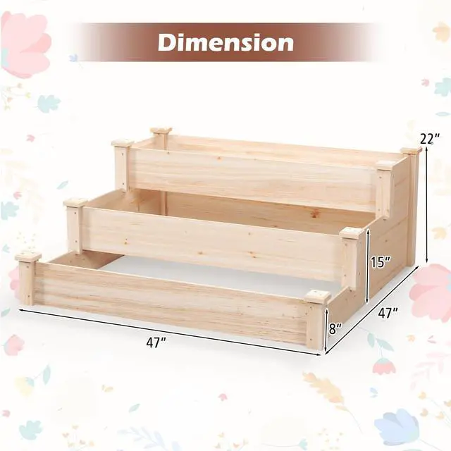 Alt view image 6 of 6 - 3-Tier Raised Garden Bed, Tiered Planter Box w/Open-Ended Base, Fir Wood Elevated Raised Beds for Gardening, Vegetable Flower Herb Fruit, Perfect for Patio, Lawn, Backyard