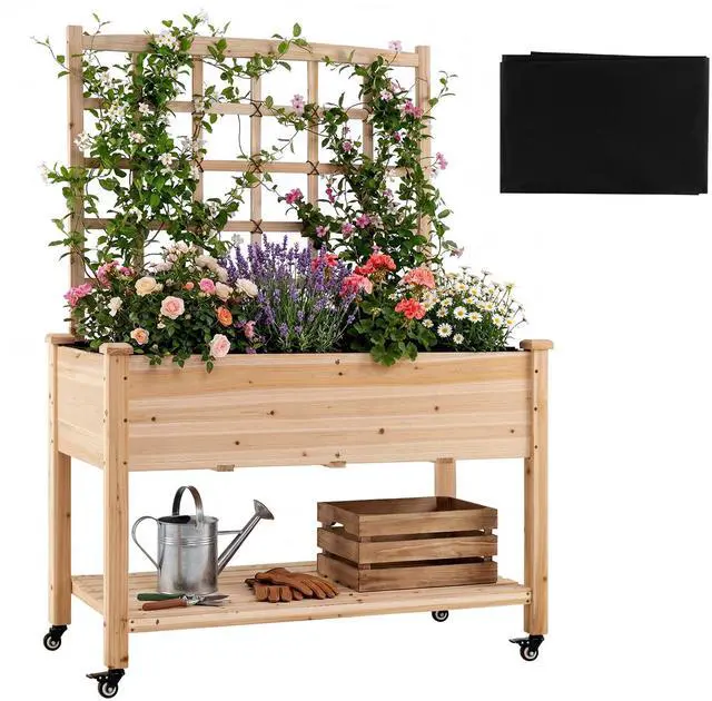 Main image of 65'' Wooden Raised Garden Bed w/Trellis on Wheels, Mobile Elevated Planter Box w/Legs, Liner & Drainage Holes for Climbing Plant Vegetable Herb Flower, Outdoor Garden Box, Backyard Balcony