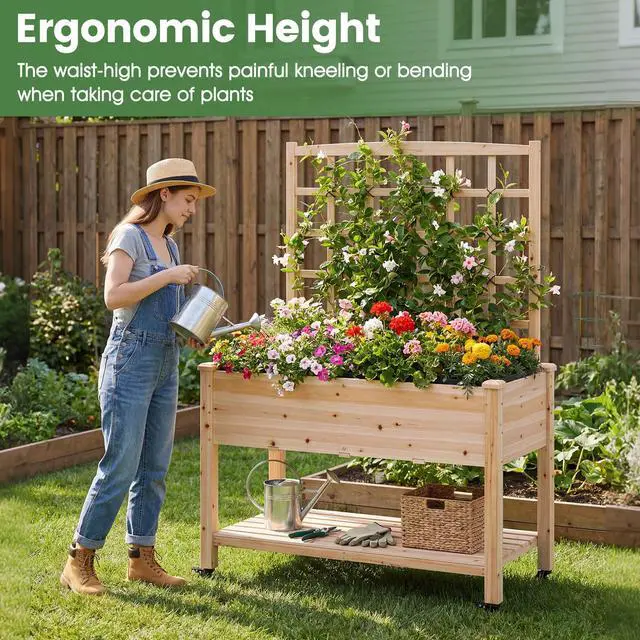 Alt view image 2 of 6 - 65'' Wooden Raised Garden Bed w/Trellis on Wheels, Mobile Elevated Planter Box w/Legs, Liner & Drainage Holes for Climbing Plant Vegetable Herb Flower, Outdoor Garden Box, Backyard Balcony