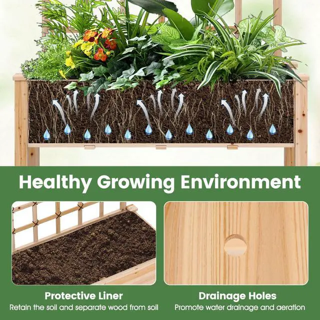 Alt view image 3 of 6 - 65'' Wooden Raised Garden Bed w/Trellis on Wheels, Mobile Elevated Planter Box w/Legs, Liner & Drainage Holes for Climbing Plant Vegetable Herb Flower, Outdoor Garden Box, Backyard Balcony