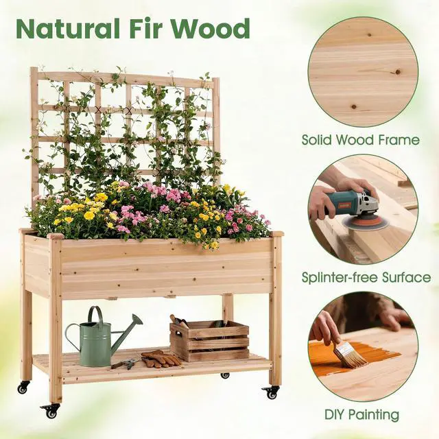 Alt view image 4 of 6 - 65'' Wooden Raised Garden Bed w/Trellis on Wheels, Mobile Elevated Planter Box w/Legs, Liner & Drainage Holes for Climbing Plant Vegetable Herb Flower, Outdoor Garden Box, Backyard Balcony
