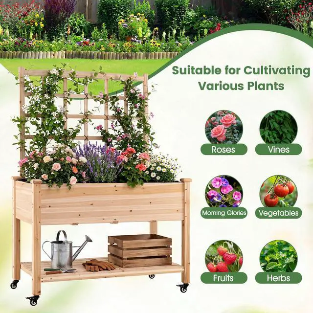 Alt view image 6 of 6 - 65'' Wooden Raised Garden Bed w/Trellis on Wheels, Mobile Elevated Planter Box w/Legs, Liner & Drainage Holes for Climbing Plant Vegetable Herb Flower, Outdoor Garden Box, Backyard Balcony