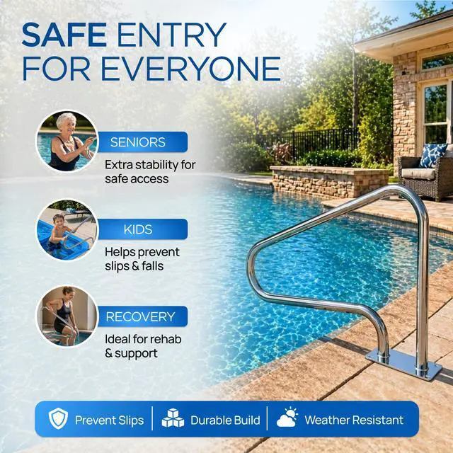 Alt view image 3 of 6 - 30" Stainless Steel Pool Handrail Small Easy Mount Grab Rail, Hardware Included Rustproof Compact Safety Handle for Inground Pools, Spas & Hot Tubs 22" Height