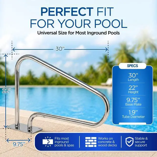 Alt view image 5 of 6 - 30" Stainless Steel Pool Handrail Small Easy Mount Grab Rail, Hardware Included Rustproof Compact Safety Handle for Inground Pools, Spas & Hot Tubs 22" Height
