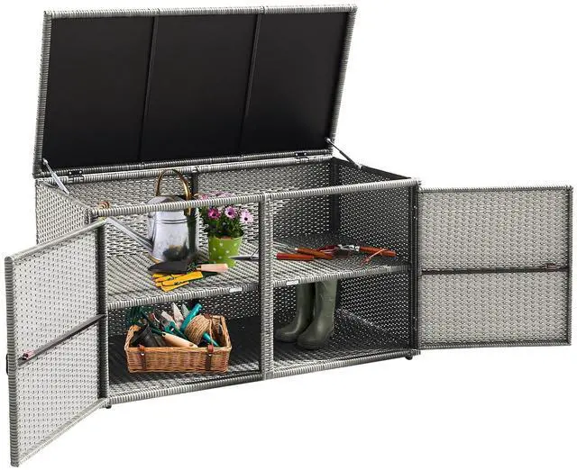 Main image of Deck Box Outdoor Patio Pool Storage Box Outside Rattan Wicker Storage Bin Cabinet with Steel Frame Shelf for Garden Balcony Porch Yard Furniture Tools
