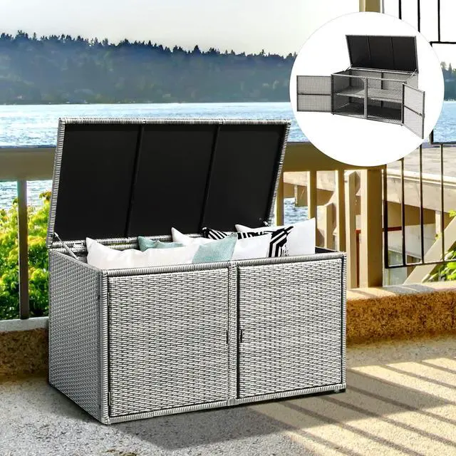 Alt view image 2 of 6 - Deck Box Outdoor Patio Pool Storage Box Outside Rattan Wicker Storage Bin Cabinet with Steel Frame Shelf for Garden Balcony Porch Yard Furniture Tools