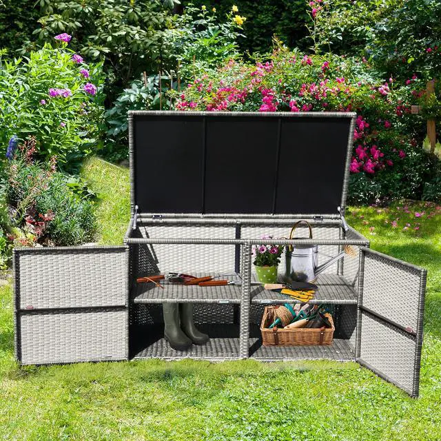 Alt view image 3 of 6 - Deck Box Outdoor Patio Pool Storage Box Outside Rattan Wicker Storage Bin Cabinet with Steel Frame Shelf for Garden Balcony Porch Yard Furniture Tools