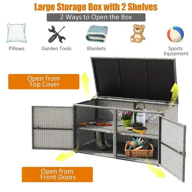 Alt view image 4 of 6 - Deck Box Outdoor Patio Pool Storage Box Outside Rattan Wicker Storage Bin Cabinet with Steel Frame Shelf for Garden Balcony Porch Yard Furniture Tools