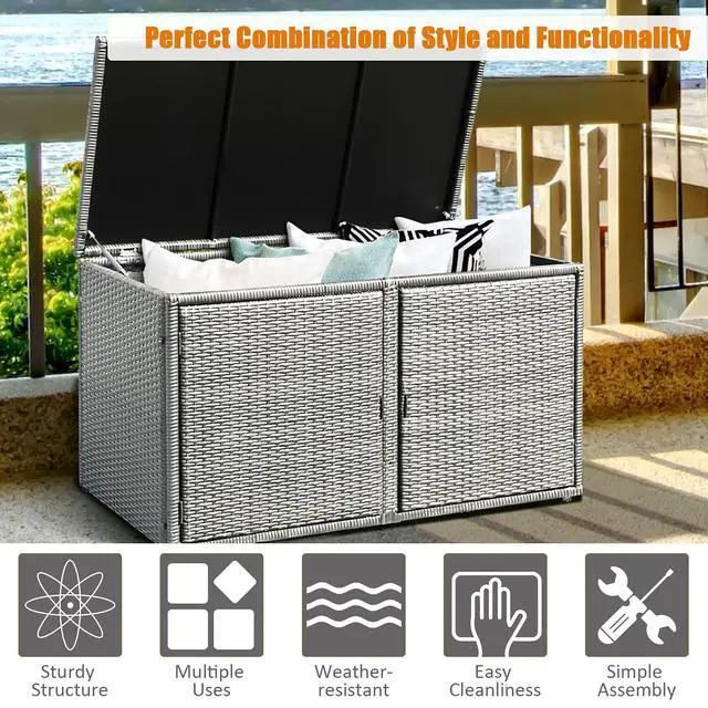 Alt view image 6 of 6 - Deck Box Outdoor Patio Pool Storage Box Outside Rattan Wicker Storage Bin Cabinet with Steel Frame Shelf for Garden Balcony Porch Yard Furniture Tools