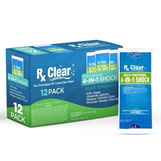 Main image of Multi-Functional 4-in-1 Swimming Pool Shock | 99% Sodium Dichloro-s-Triazinetrione Dihydrate | Kills Bacteria and Algae | One-Pound Bags | 12-Pack