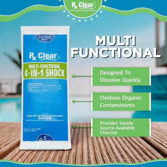 Alt view image 2 of 4 - Multi-Functional 4-in-1 Swimming Pool Shock | 99% Sodium Dichloro-s-Triazinetrione Dihydrate | Kills Bacteria and Algae | One-Pound Bags | 12-Pack