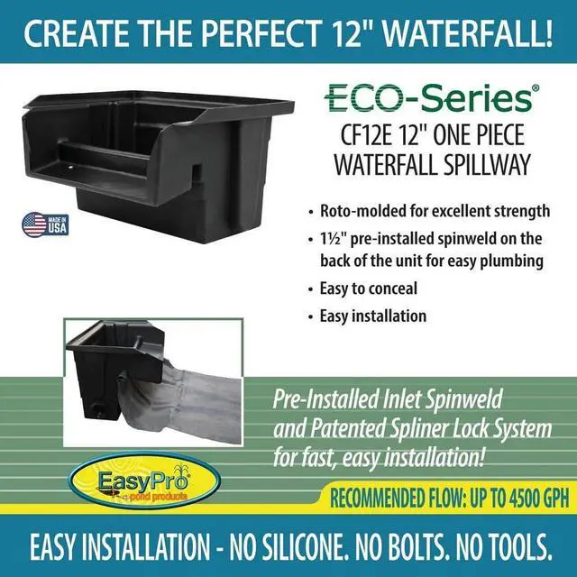 Alt view image 2 of 5 - CF12E Eco-Series 12 Waterfall Spillway is Ideal for Just-A-Falls Water Features. Connect Liner Without Tools. 1 ½ Installed Spinweld Inlet. Up to 3000 GPH Flow | Rotomolded one piece pond waterfall