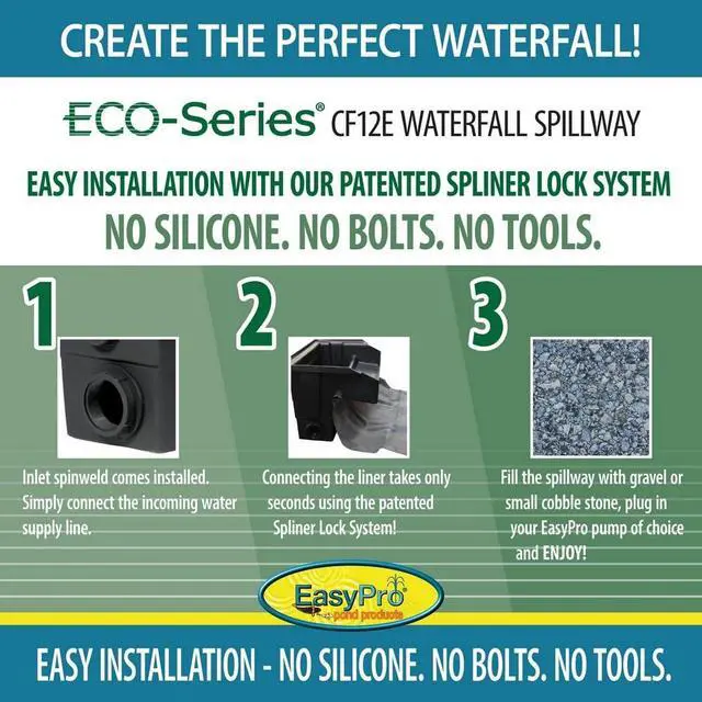 Alt view image 3 of 5 - CF12E Eco-Series 12 Waterfall Spillway is Ideal for Just-A-Falls Water Features. Connect Liner Without Tools. 1 ½ Installed Spinweld Inlet. Up to 3000 GPH Flow | Rotomolded one piece pond waterfall
