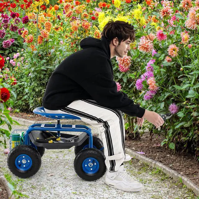 Alt view image 2 of 6 - Garden Seat with Wheels, Rolling Garden Cart with 360 Degree Swivel Seat for Planting, Gardening Stool w/Tool Tray, Basket, Gardening Chair Workseat, Patio Wagon Scooter for Seniors