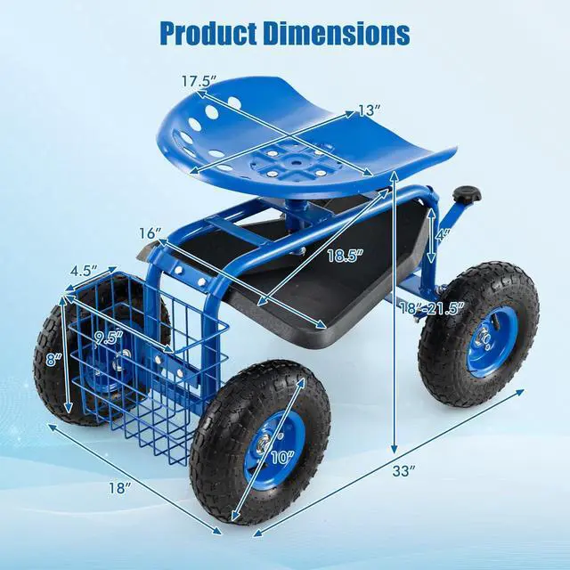 Alt view image 3 of 6 - Garden Seat with Wheels, Rolling Garden Cart with 360 Degree Swivel Seat for Planting, Gardening Stool w/Tool Tray, Basket, Gardening Chair Workseat, Patio Wagon Scooter for Seniors