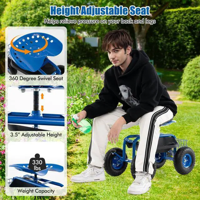 Alt view image 4 of 6 - Garden Seat with Wheels, Rolling Garden Cart with 360 Degree Swivel Seat for Planting, Gardening Stool w/Tool Tray, Basket, Gardening Chair Workseat, Patio Wagon Scooter for Seniors
