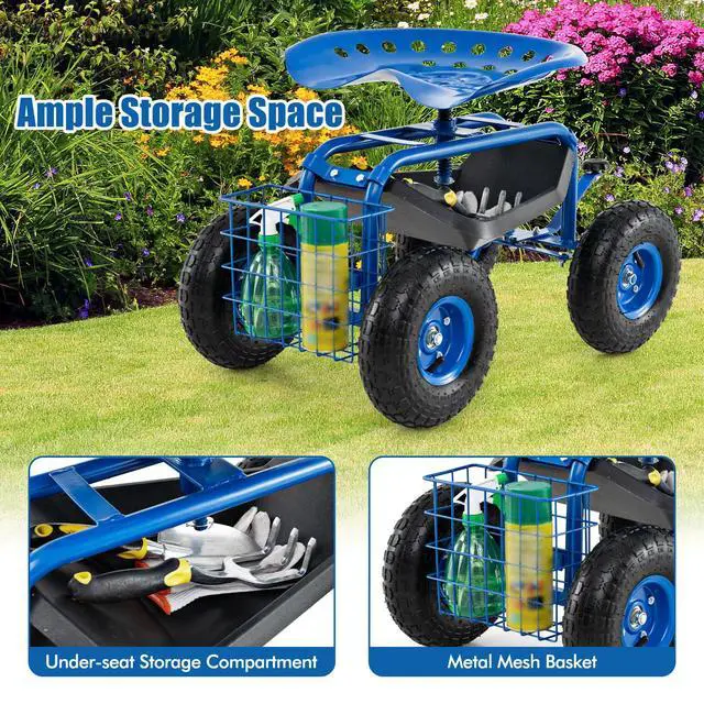 Alt view image 5 of 6 - Garden Seat with Wheels, Rolling Garden Cart with 360 Degree Swivel Seat for Planting, Gardening Stool w/Tool Tray, Basket, Gardening Chair Workseat, Patio Wagon Scooter for Seniors