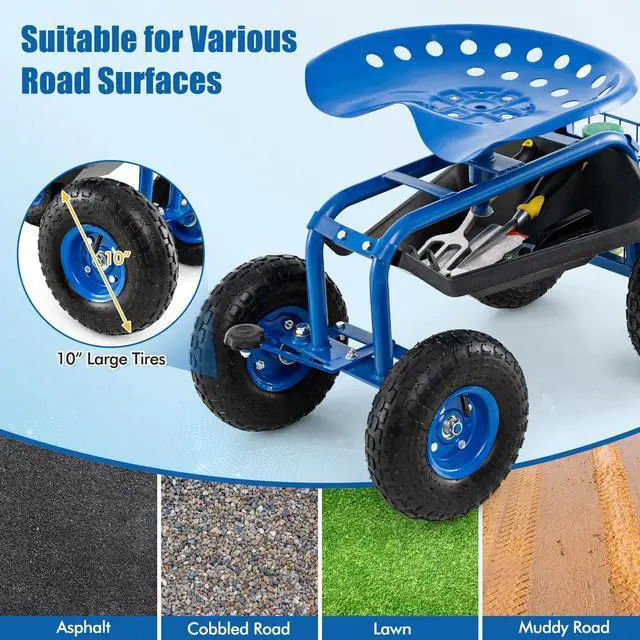 Alt view image 6 of 6 - Garden Seat with Wheels, Rolling Garden Cart with 360 Degree Swivel Seat for Planting, Gardening Stool w/Tool Tray, Basket, Gardening Chair Workseat, Patio Wagon Scooter for Seniors