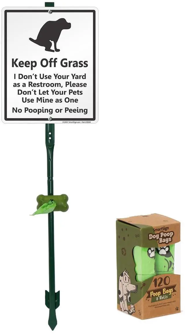 Main image of Keep Off Grass - No Dog Pooping Or Peeing Yard Sign & Clip-On Preloaded Dispenser Combo/Kit with 135 Dog Poop Waste Bags, 10"x12" Rust-proof Aluminum Sign with 3ft Steel Stake