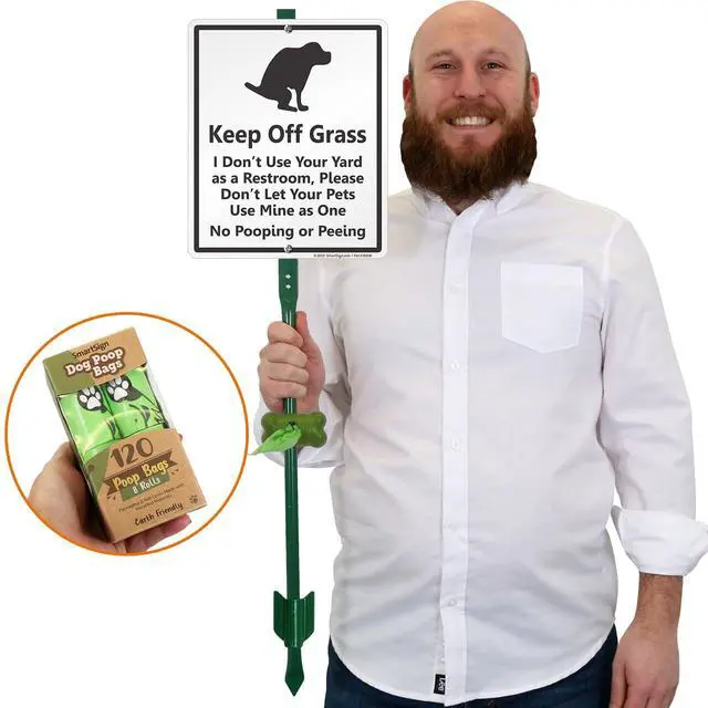 Alt view image 2 of 6 - Keep Off Grass - No Dog Pooping Or Peeing Yard Sign & Clip-On Preloaded Dispenser Combo/Kit with 135 Dog Poop Waste Bags, 10"x12" Rust-proof Aluminum Sign with 3ft Steel Stake