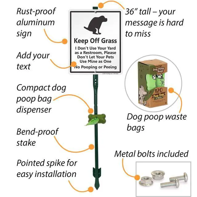 Alt view image 3 of 6 - Keep Off Grass - No Dog Pooping Or Peeing Yard Sign & Clip-On Preloaded Dispenser Combo/Kit with 135 Dog Poop Waste Bags, 10"x12" Rust-proof Aluminum Sign with 3ft Steel Stake