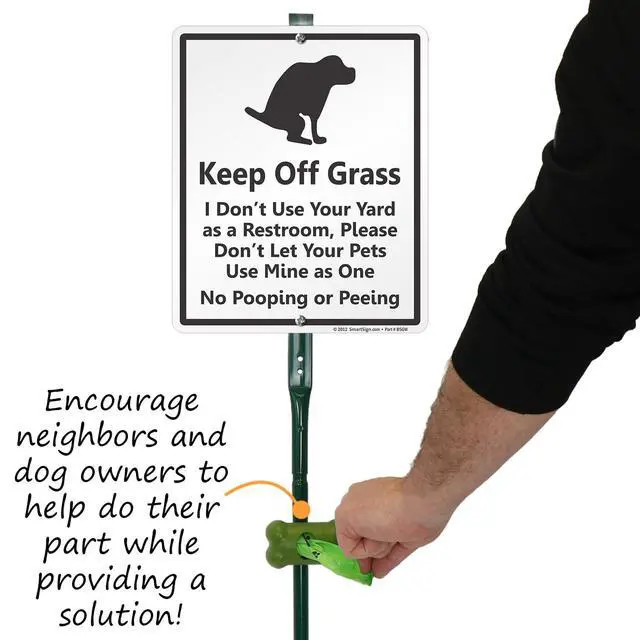Alt view image 4 of 6 - Keep Off Grass - No Dog Pooping Or Peeing Yard Sign & Clip-On Preloaded Dispenser Combo/Kit with 135 Dog Poop Waste Bags, 10"x12" Rust-proof Aluminum Sign with 3ft Steel Stake