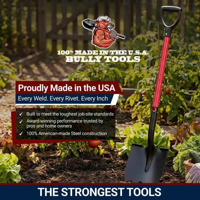 Alt view image 2 of 6 - 14-Gauge Round Point Spade Shovel with D-Grip Heavy Duty Fiberglass Handle | Metal Body Digging Shovel for Garden Landscaping, Trenching and Planting, Garden Tools, 100% Made in USA