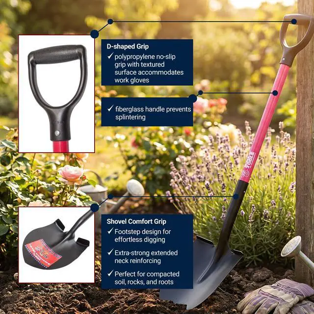 Alt view image 3 of 6 - 14-Gauge Round Point Spade Shovel with D-Grip Heavy Duty Fiberglass Handle | Metal Body Digging Shovel for Garden Landscaping, Trenching and Planting, Garden Tools, 100% Made in USA