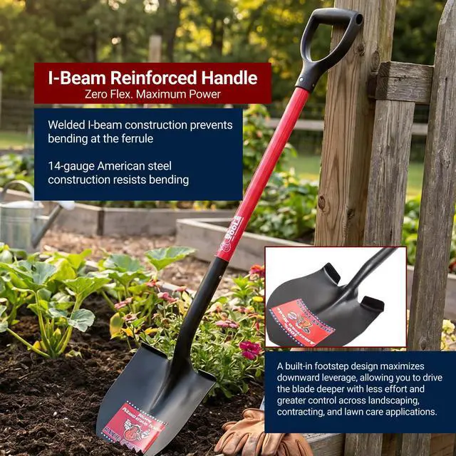 Alt view image 4 of 6 - 14-Gauge Round Point Spade Shovel with D-Grip Heavy Duty Fiberglass Handle | Metal Body Digging Shovel for Garden Landscaping, Trenching and Planting, Garden Tools, 100% Made in USA